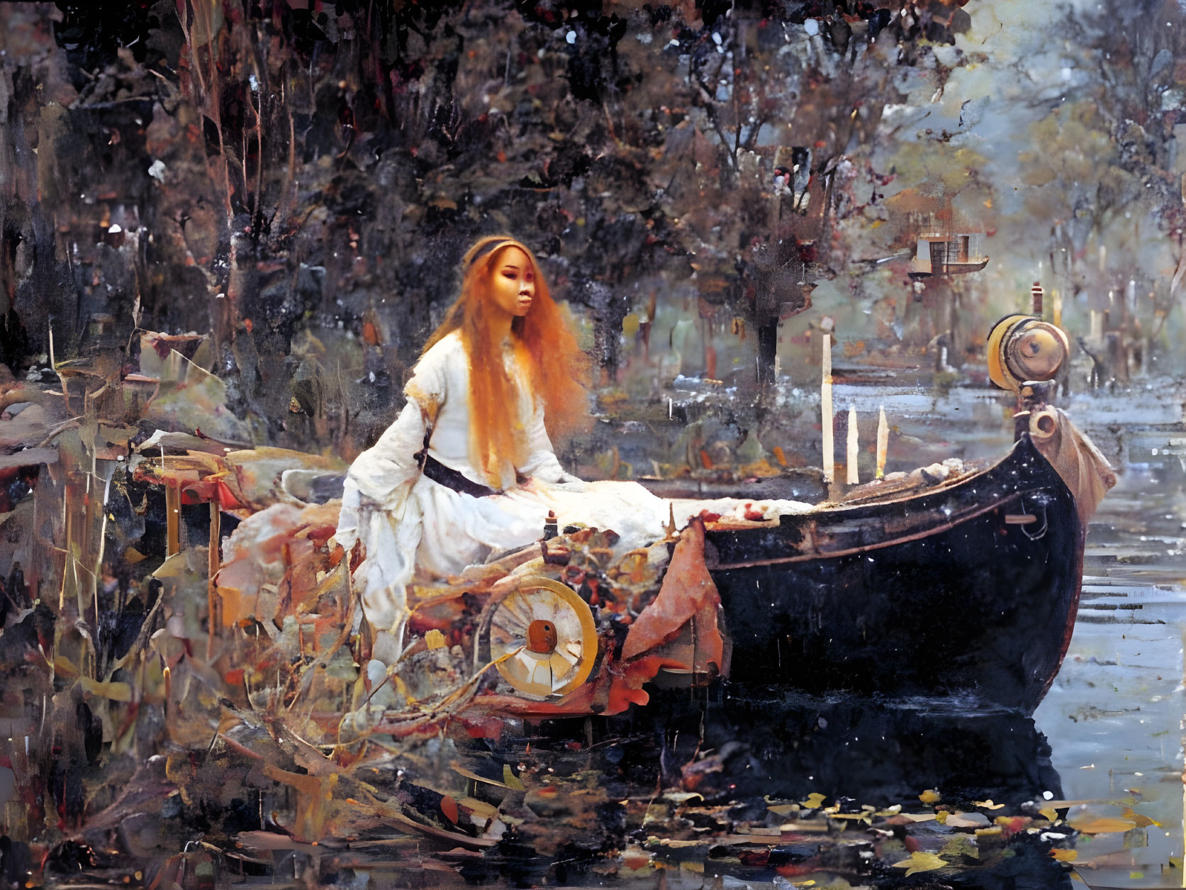 Red-haired woman in white gown in boat surrounded by autumn foliage, candles, and distant cross