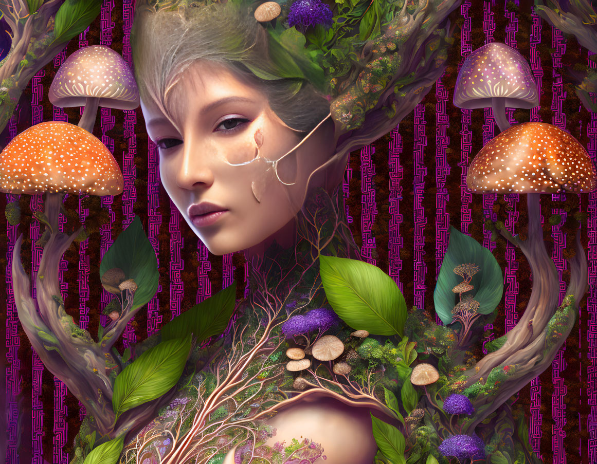 Surreal portrait of woman with nature elements and patterned background