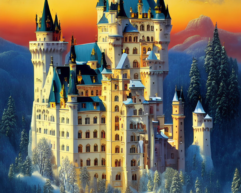 Snowy landscape with enchanting castle and vibrant sunset sky