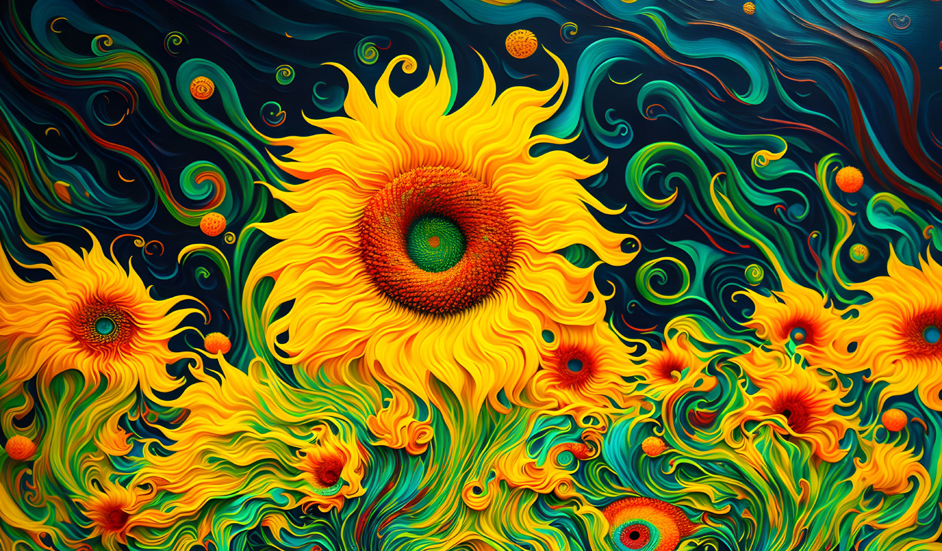 Colorful digital art: Stylized sunflowers in vibrant hues on dark backdrop