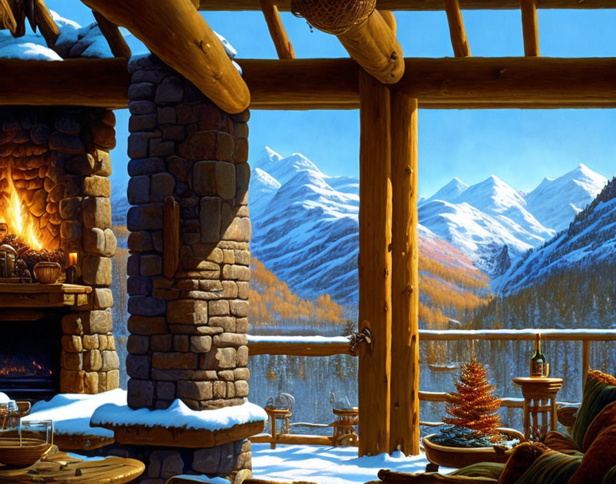 Snowy Mountain Lodge Interior with Fireplace and Timber-Framed Window