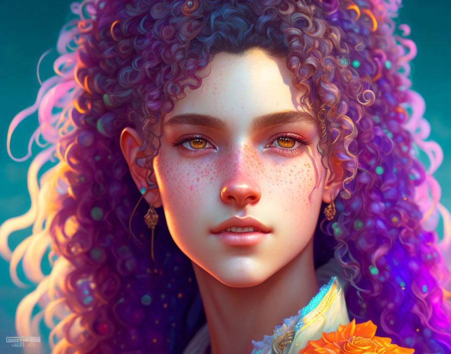 Portrait of a person with fair skin, freckles, purple curly hair, golden earrings, and