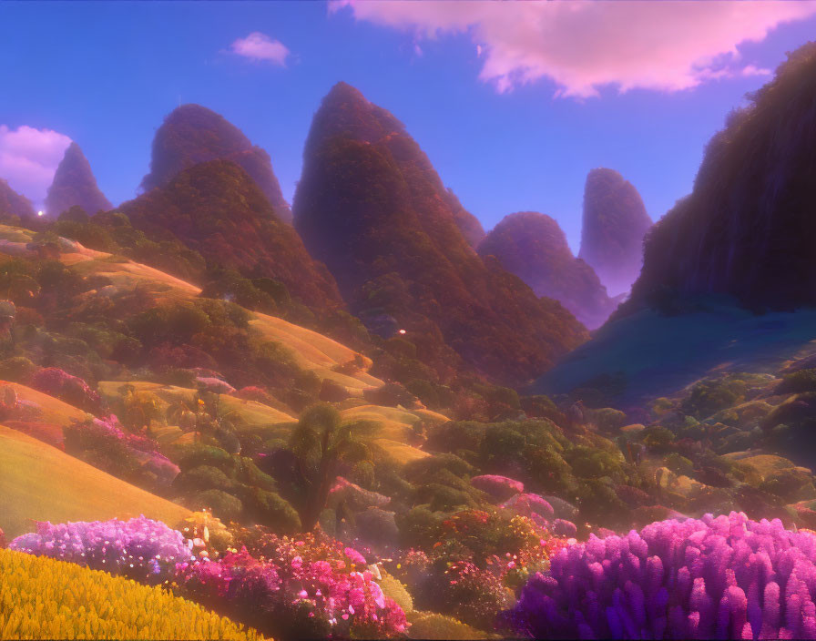 Colorful flower-covered hills and karst peaks under a warm sunset/sunrise glow