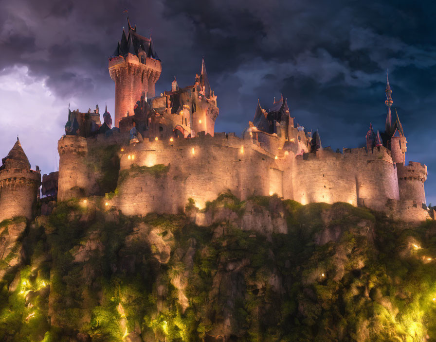 Majestic medieval castle on cliff at dusk with glowing lights