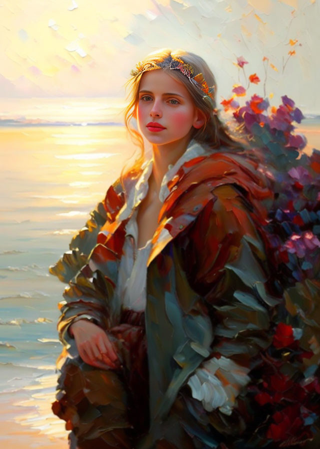 Woman in Decorated Headband & Multicolored Coat Against Sunset Background