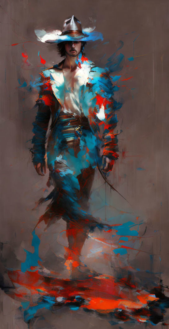 Abstract painting of figure in wide-brimmed hat with red and blue strokes