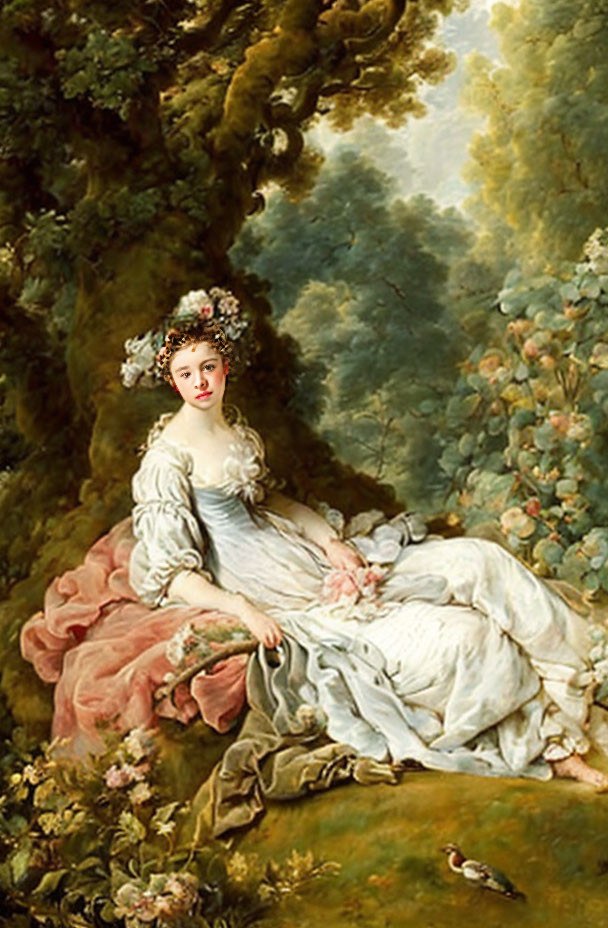 Classic Painting: Woman Reclining in Lush Forest with Floral Wreath