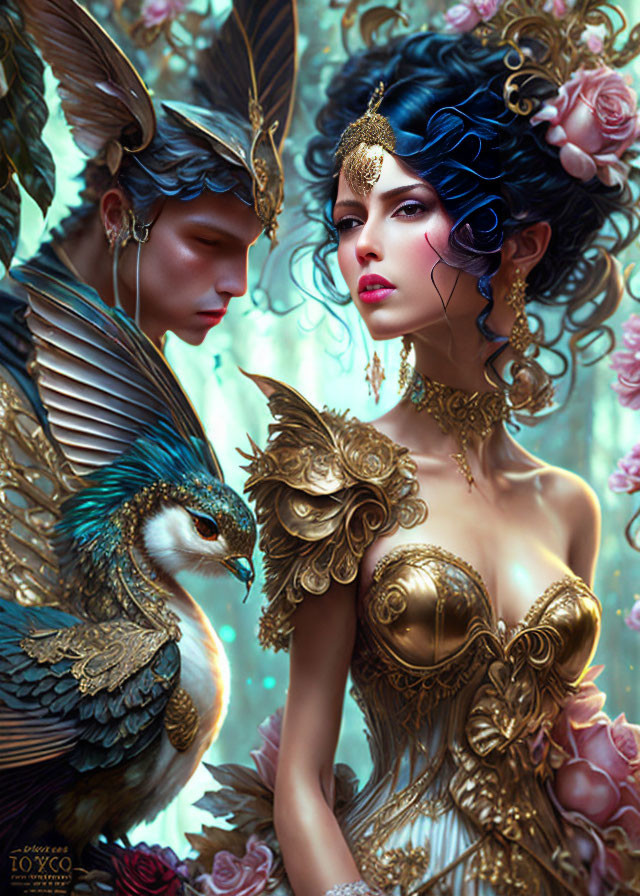 Fantasy illustration of woman with blue hair and bird person with majestic bird, adorned with floral and gold