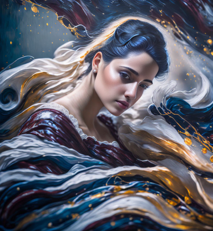 Fantasy-style depiction of a woman with flowing hair and swirling blues, whites, and golden sparkles