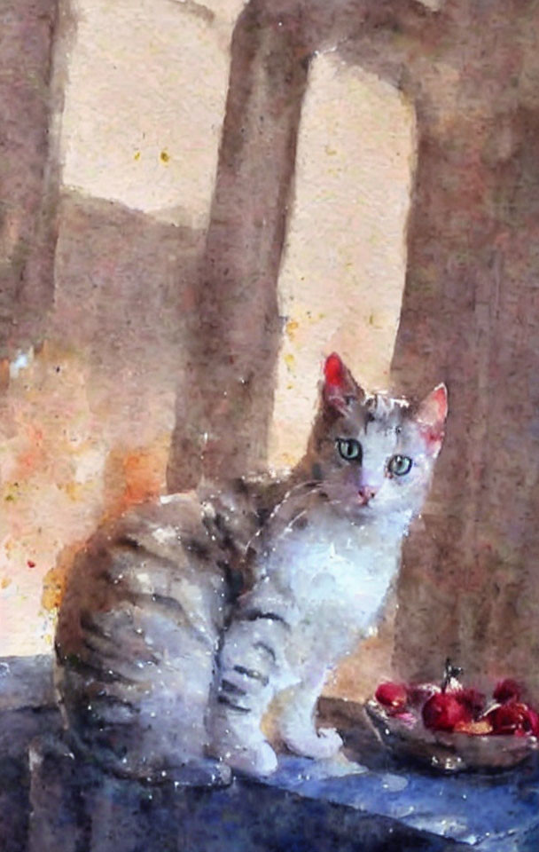 White Cat with Grey Stripes Beside Red Apples and Arched Structures