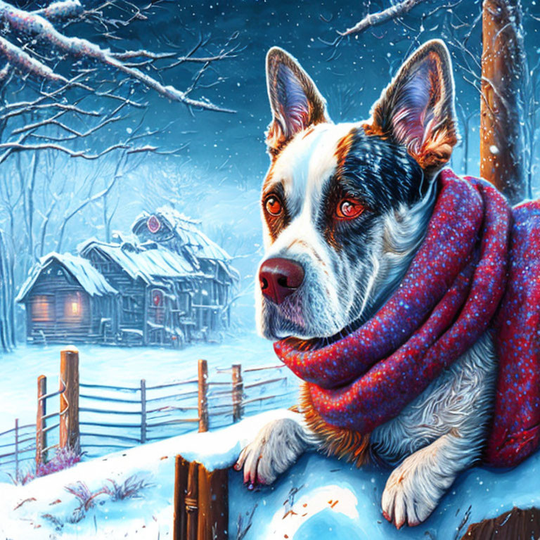 Red-scarfed dog resting on snowy fence near cozy cottage