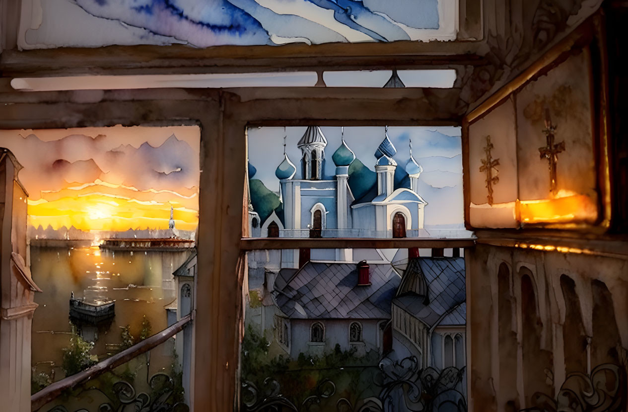 Stained Glass Window Depicting Sunrise Scene Over Church and River