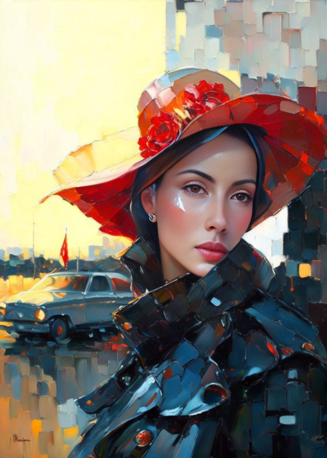 Stylized painting of woman with red flowered hat and cityscape background.