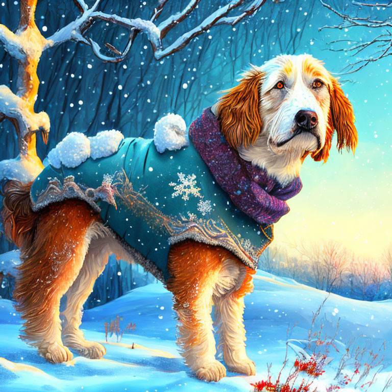 Dog in Winter Coat Standing in Snowy Landscape with Falling Snowflakes