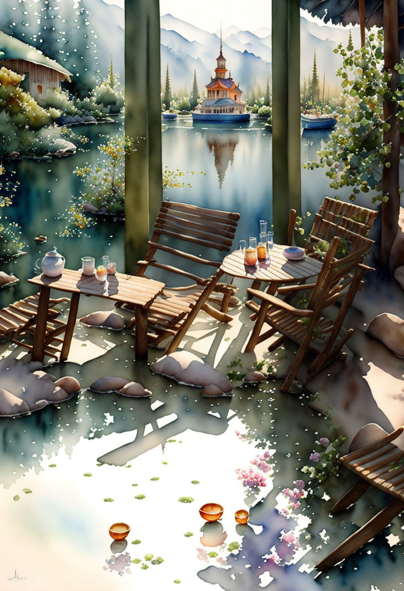 Tranquil lakeside scene with wooden chairs, tea table, blossoming trees, boats, and