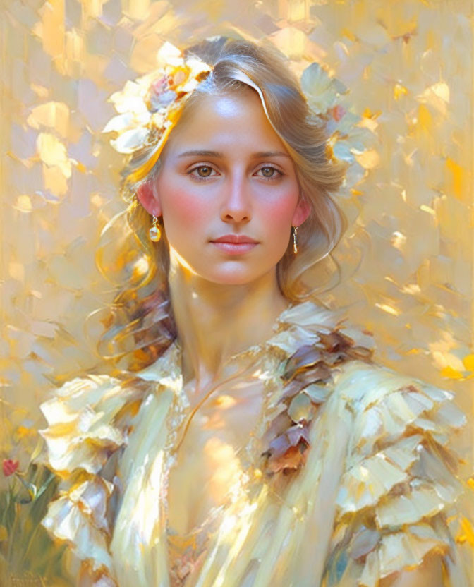 Woman with Flowered Hair in Golden Dress on Yellow Background