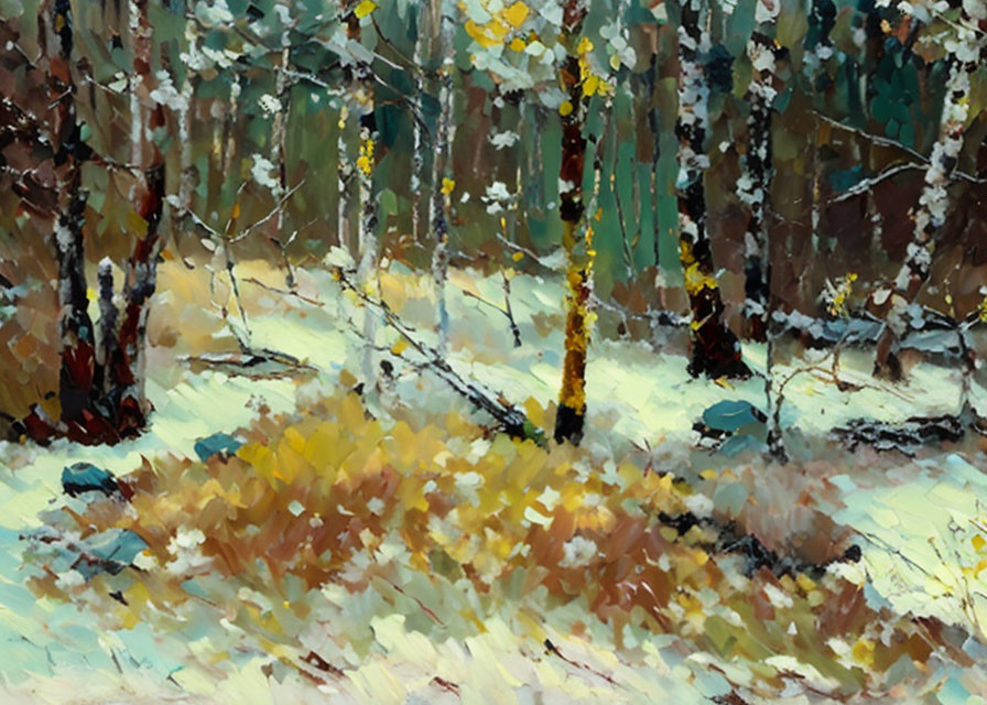 Snow-covered forest painting with golden foliage clearing