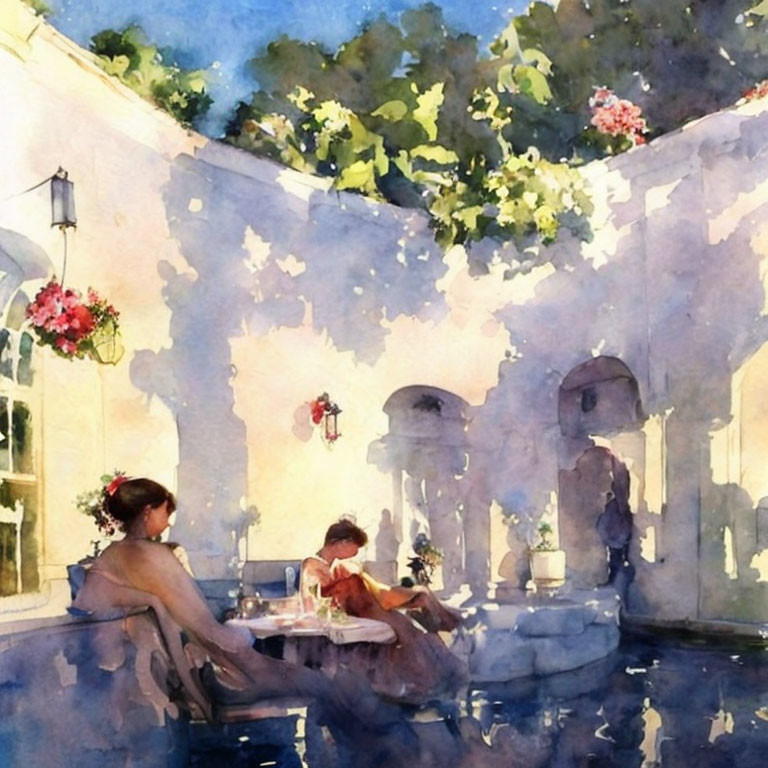 Sunlit Café Courtyard Watercolor Painting