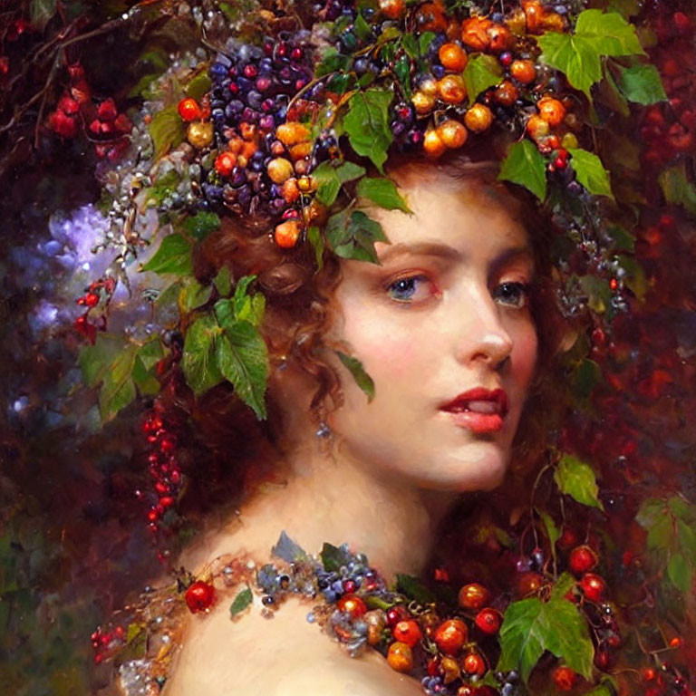 Woman with Colorful Berry Wreath and Textured Background