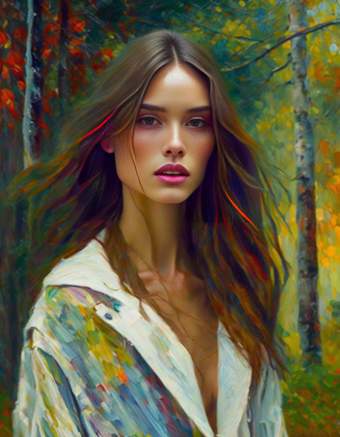 Woman with flowing hair in front of autumn forest backdrop with vibrant brushstroke effects