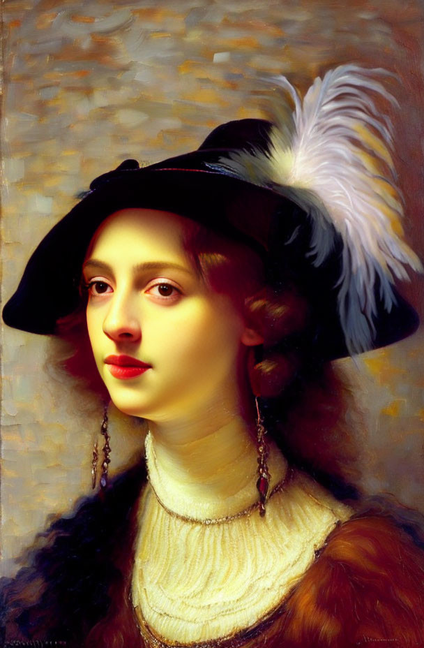 Portrait of Woman in Black Hat with White Feather and Fur Garment