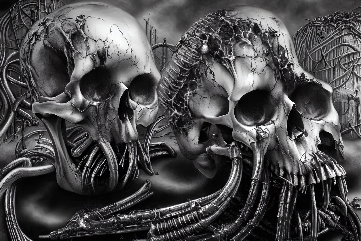 Stylized monochrome skulls with intricate biomechanical designs