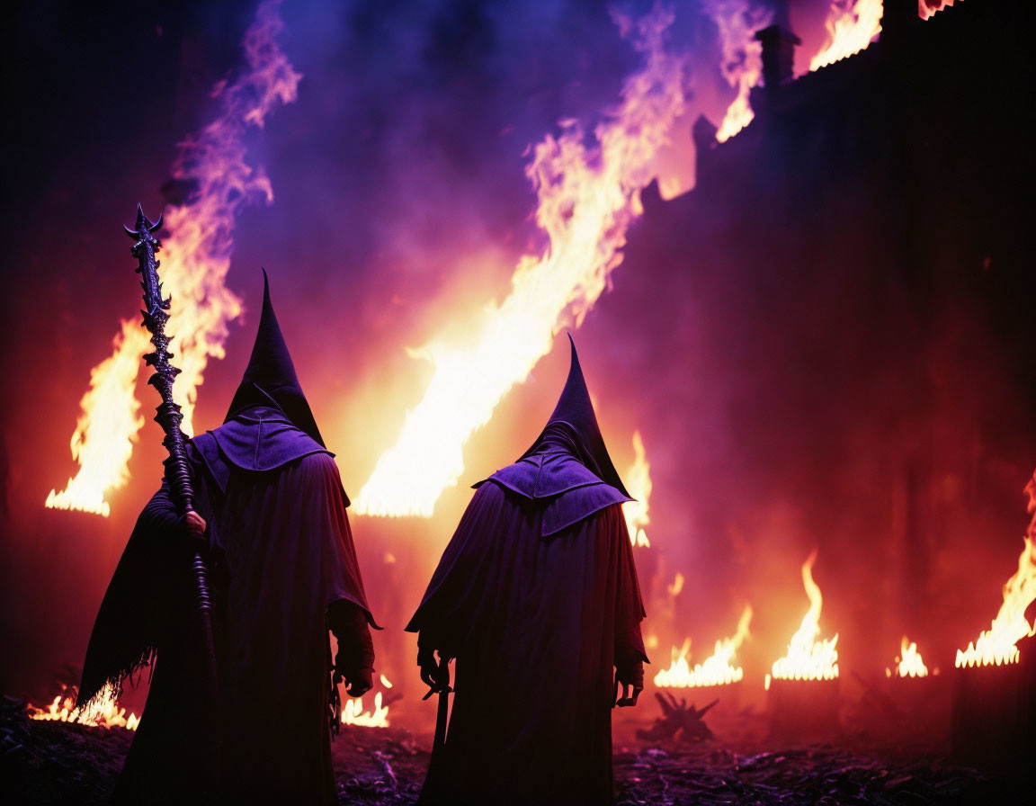 Two cloaked figures with pointed hats and staffs in dimly lit scene.