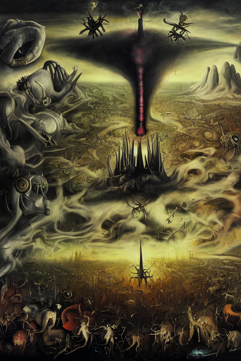 Surreal dystopian landscape with dark tower and ominous clouds