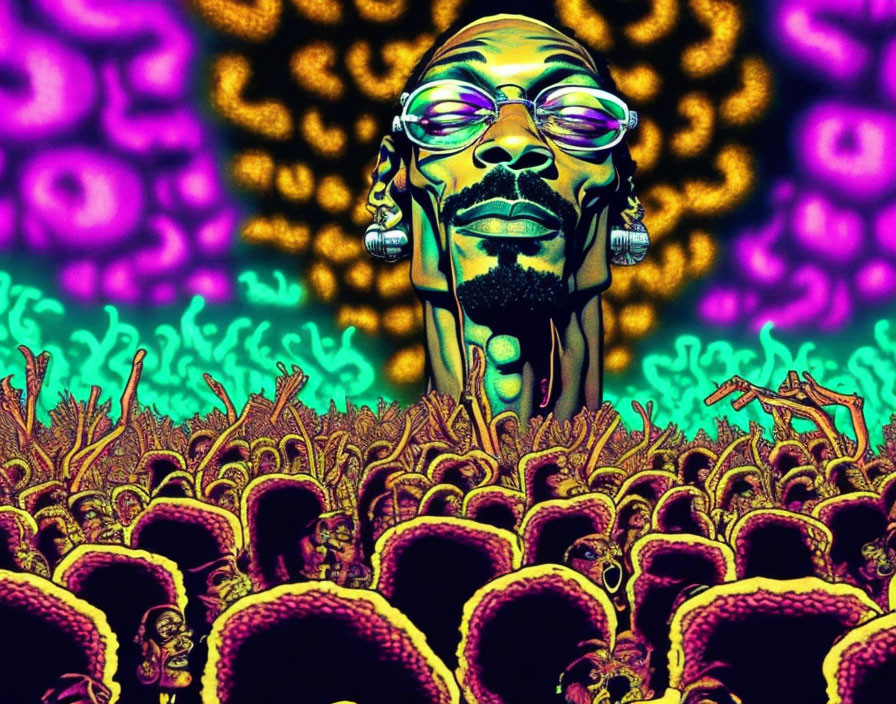 Vibrant psychedelic image with stylized face and crowd.