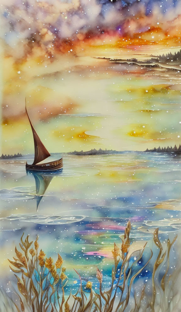 Sailboat on Colorful Sea at Dusk with Starry Sky