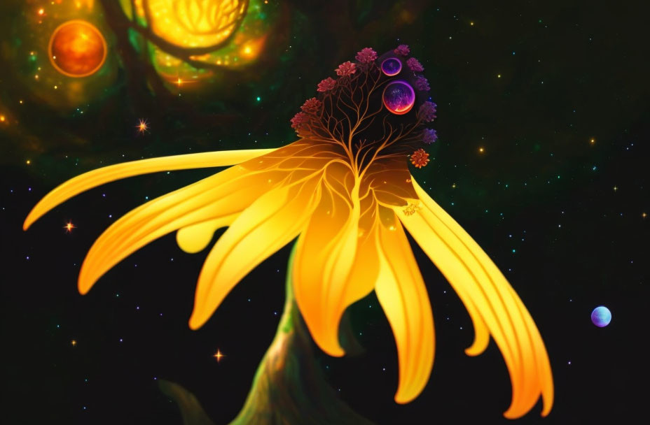 Fantastical flower-like being in cosmic digital art