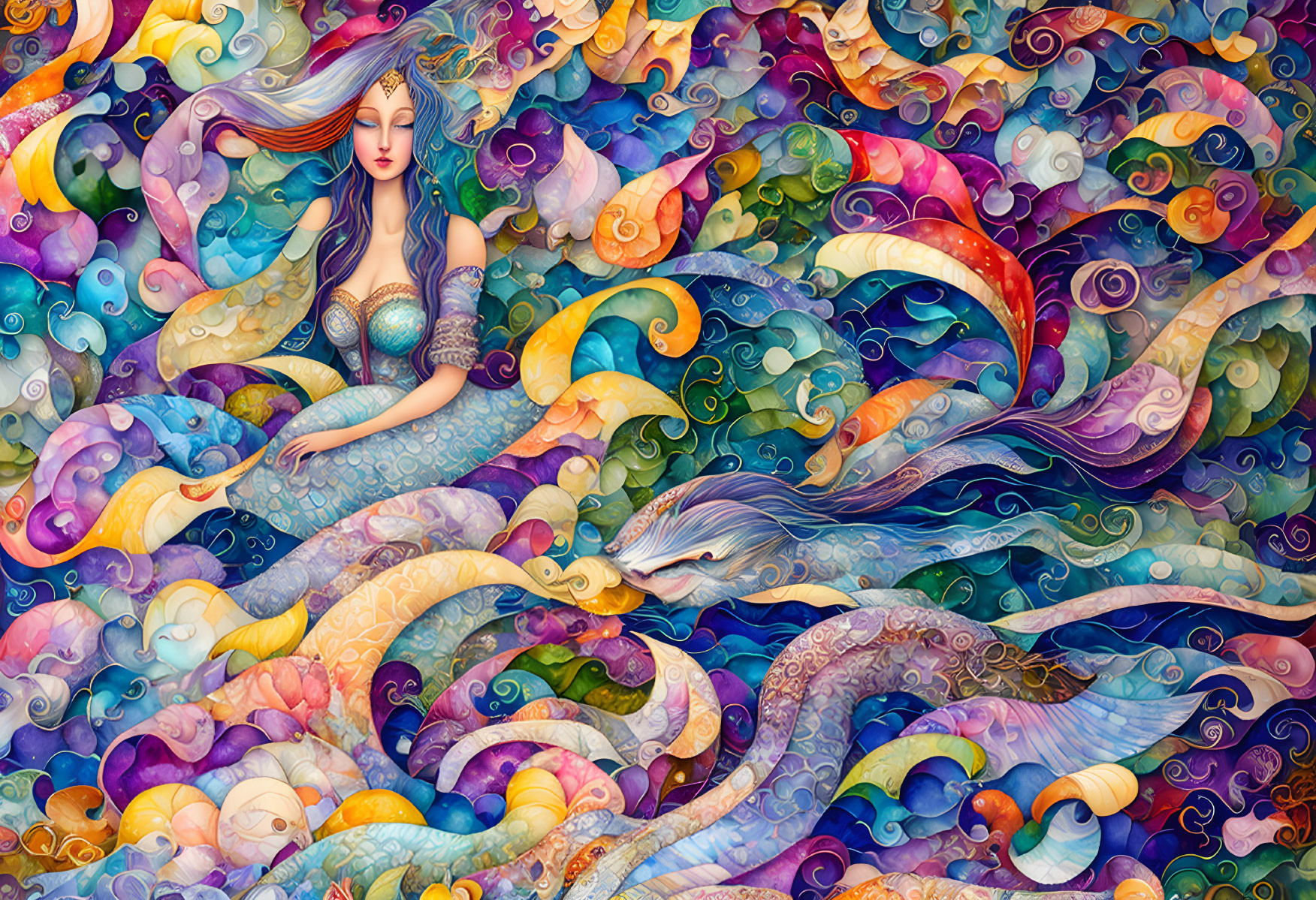 Colorful fantasy art: Woman with flowing hair, sea creatures, and swirling waves