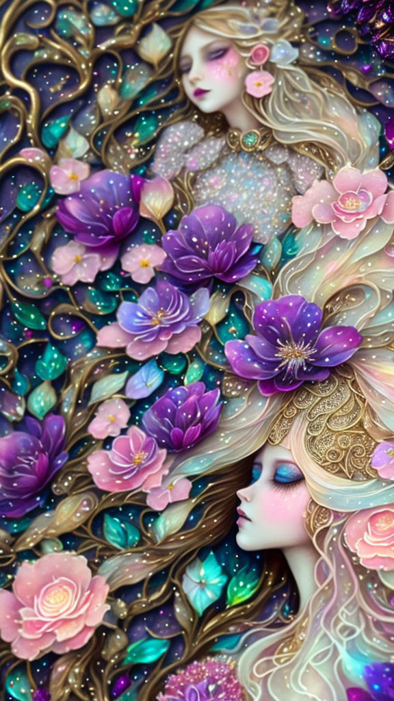 Colorful artwork: Two female figures with intricate hair surrounded by blooming flowers on a starlit backdrop