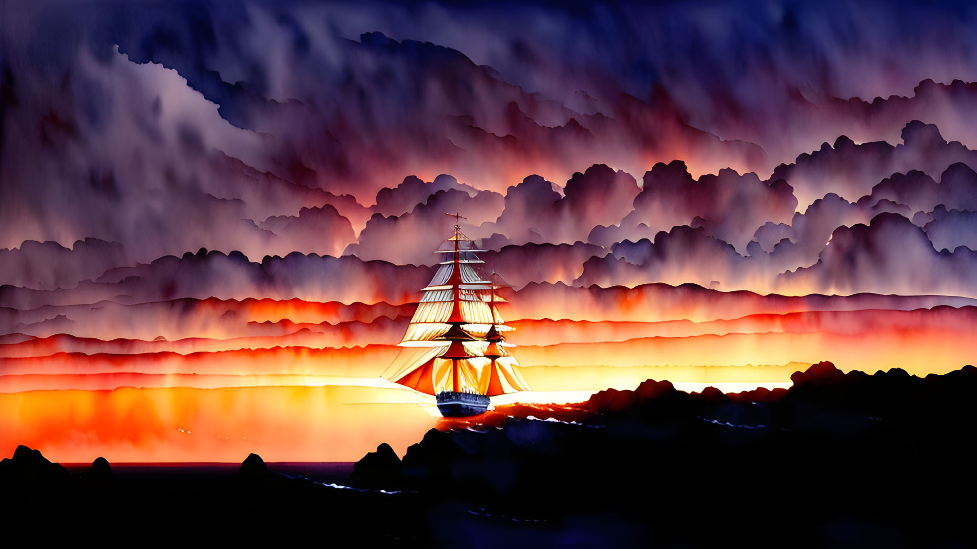 Vibrant sailboat painting on fiery ocean with layered sunset clouds