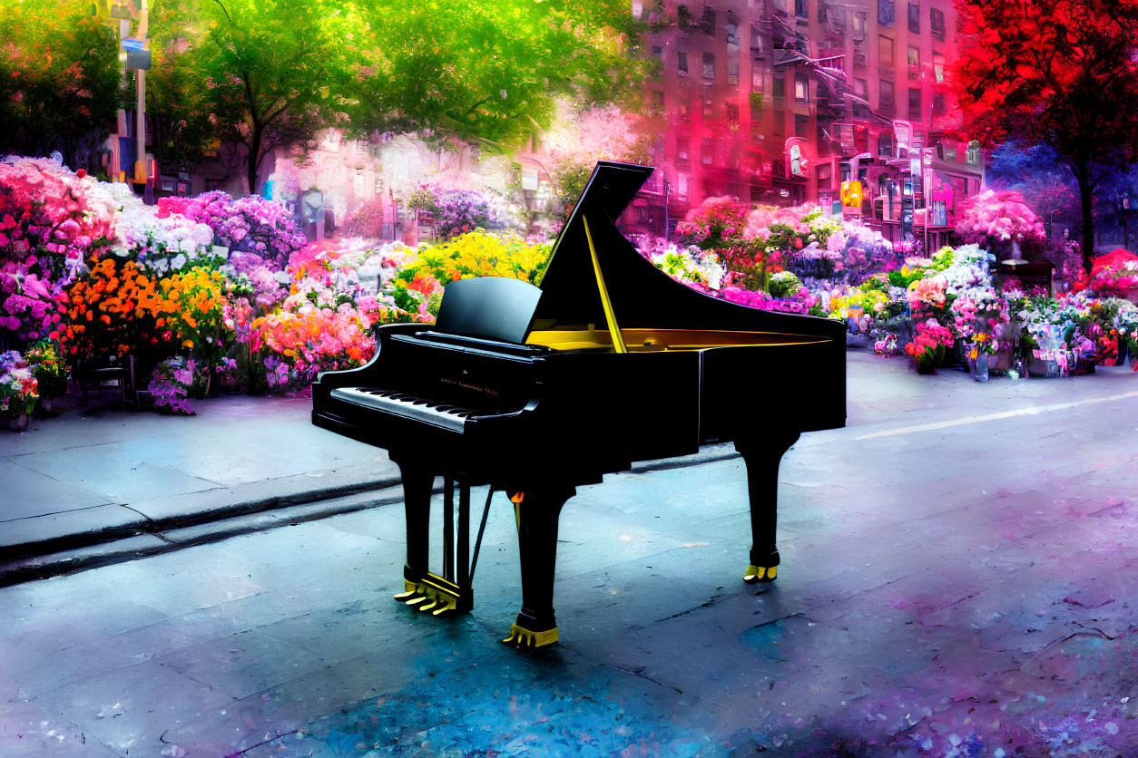 Colorful flowers surround black grand piano in urban setting