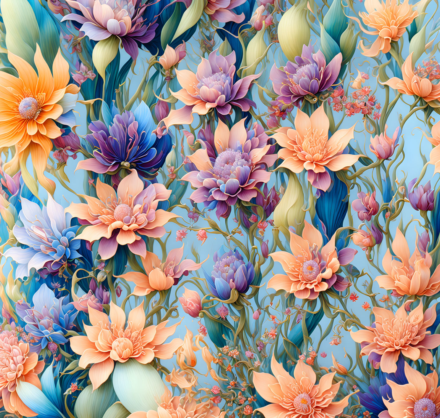 Colorful Floral Pattern with Orange, Purple, and Blue Blooms on Light Blue Background