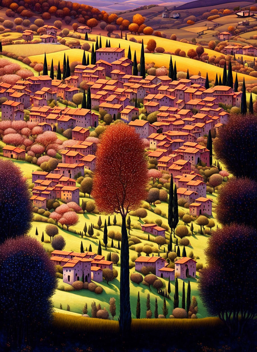 Vibrant painting of hilly village with red tree