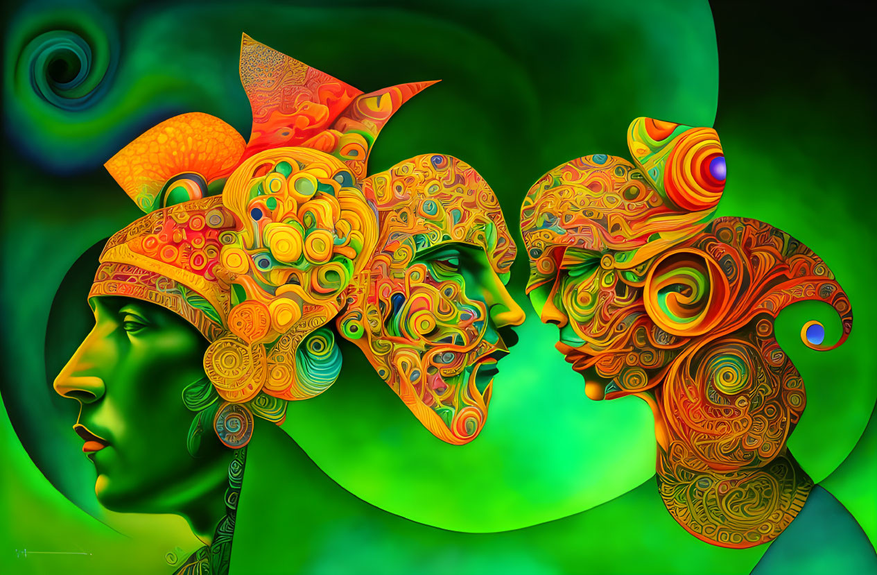 Abstract digital artwork: Four colorful faces blend on green background