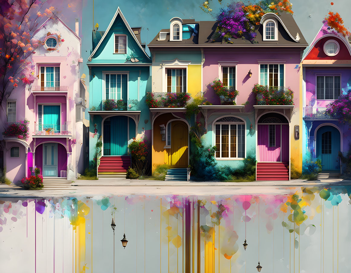 Vibrant row houses with colorful flowers and dripping paint effect