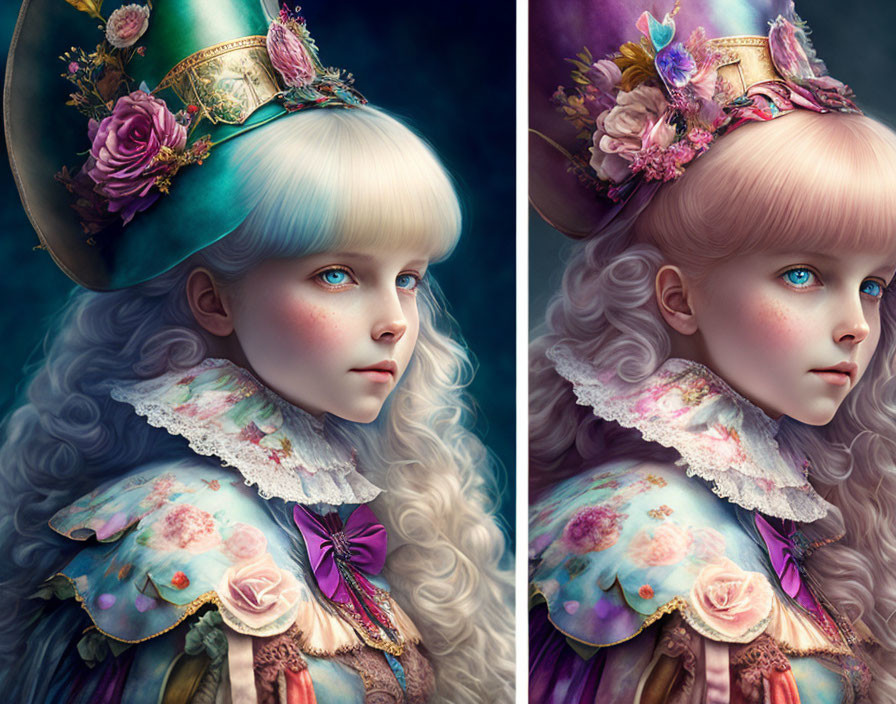 Diptych digital artwork: Girl with blue eyes in Victorian attire