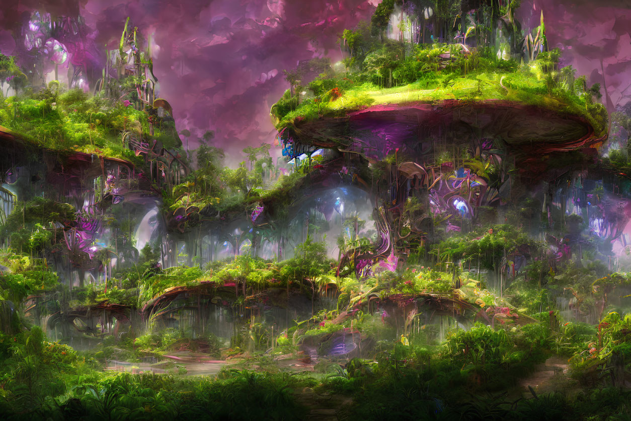 Fantasy landscape with floating islands and pink sky