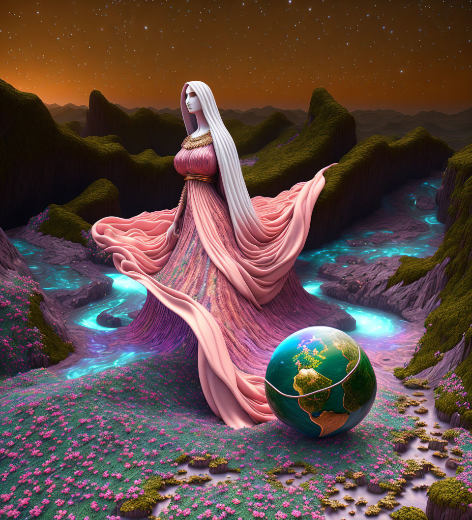 Surreal illustration: Woman with white hair, Earth, starry sky, bioluminescent