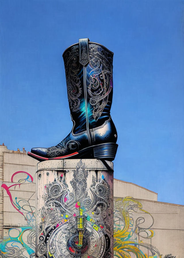 Intricately designed black cowboy boot sculpture on graffiti-adorned structure