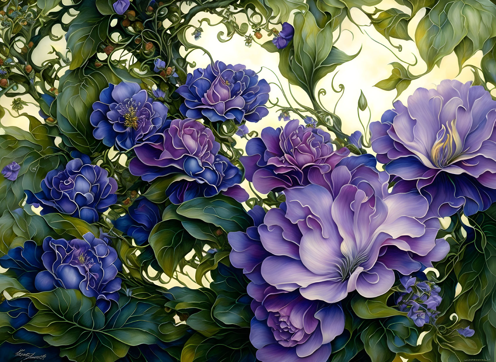 Detailed purple flower illustration with vibrant hues and intricate foliage.