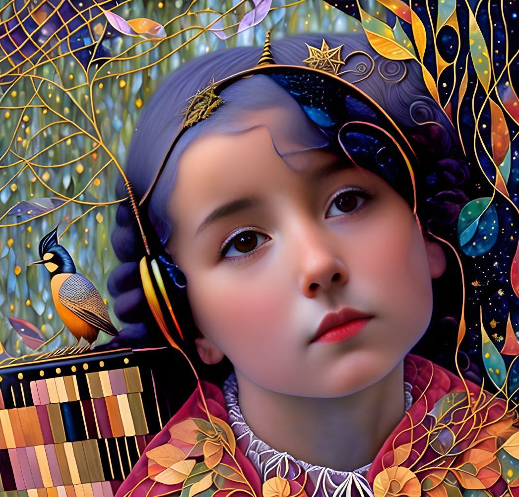 Vibrant digital artwork: young girl in nature with bird