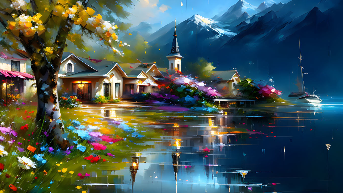 Scenic lakeside village with vibrant flowers, mountains, and clear sky