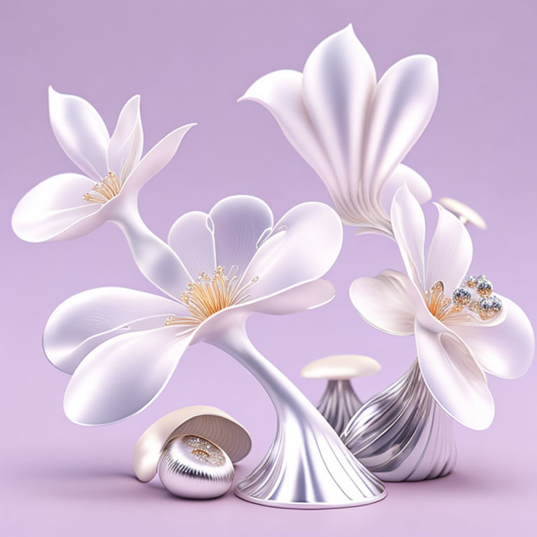 Stylized Metallic Flowers with Pearl and Gemstone Details on Soft Purple Background