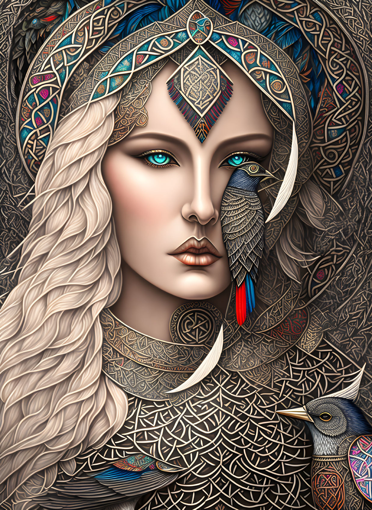 Detailed artwork of woman with pale skin, blue eyes, long wavy hair, ornate headdress