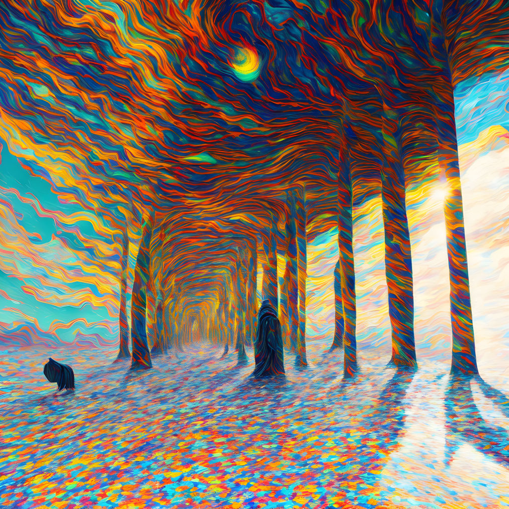 Colorful Psychedelic Forest with Cloaked Figure in Swirling Sky