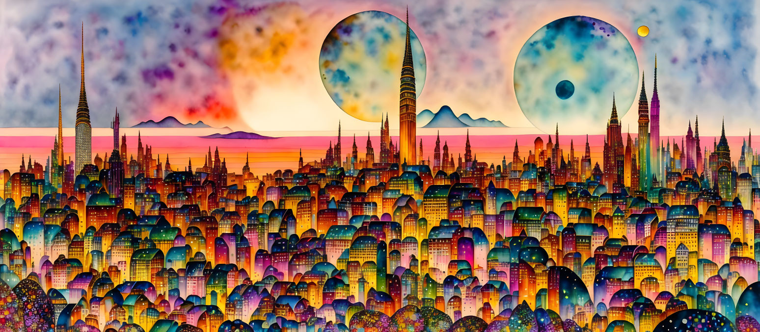 Abstract futuristic cityscape under alien sky with planets and nebula